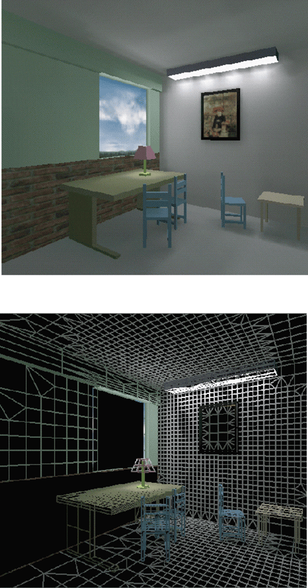 《圖五　虛擬世界的電腦模型：（左圖）運用radiosity技術的描繪結果；（右圖）原始多邊形資料@中標:身歷其境的技術介紹》