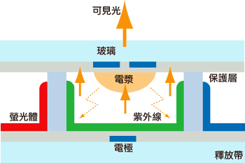 《圖三　PDP顯示原理圖（剖面結構的觀看角度）。》