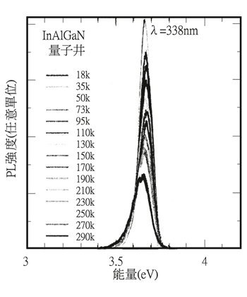 《圖八　測試溫度從18K變化至290K時，InAlGaN量子井的PL頻譜特性》