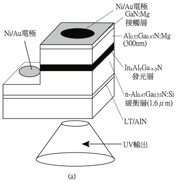 《圖十三　InAlGaN發光層波長310nm紫外LED的結構與動作頻譜》