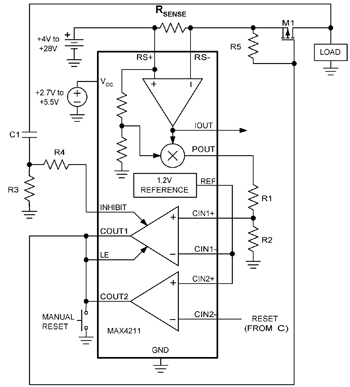 《圖六　這個固態功率感測斷路器會在功率過高時阻斷流到負載的電流，按下手動重置按鈕或在CIN2-接腳加上邏輯高電位信號可以重置電流斷路器，如果在電源啟動過程發生電壓變化，那麼INHIBIT輸入可以透過暫時遮蔽比較器COUT1來避免錯誤的功率過大警示。》