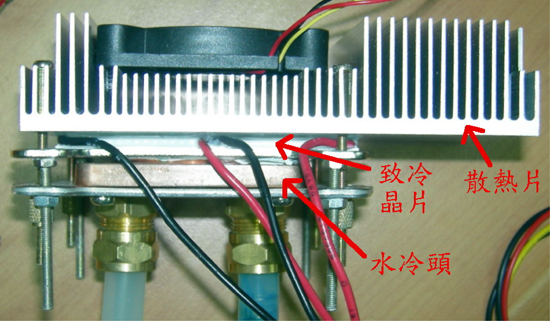 《图十一 TEC模块2照片(含水冷头、致冷芯片、散热片)》