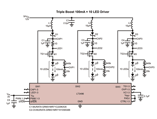 《圖四　用於30顆100mA白光LED的LT3496背光照明電路》