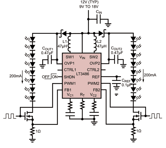 《图六 LT3486汽车LED驱动器电路》