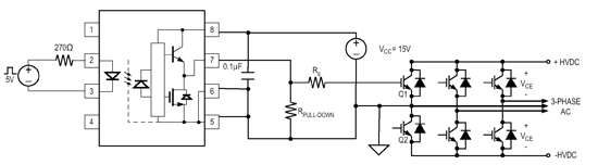 《圖一　推動IGBT閘極驅動光耦合器的典型單電源應用電路，快速切換與0.5V最高VOL的組合通常可以節省提供用來確保關斷速度夠快的負向閘極電壓需求。》