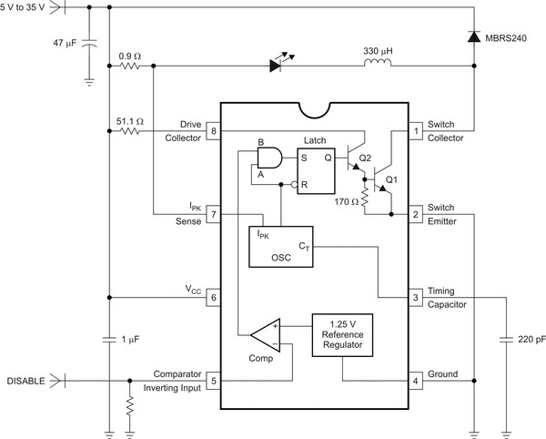 《圖一　MC33063組成了一款低成本的LED驅動器》