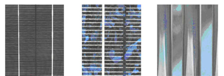 《图二 太阳能电池的种类与外观，由左到右分别为单晶硅太阳电池 多晶硅太阳电池 非晶硅太阳电池》