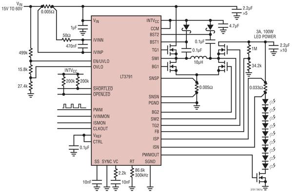 圖一 : 　LT3791 以高達 100W 的功率驅動一個 3A LED 陣列