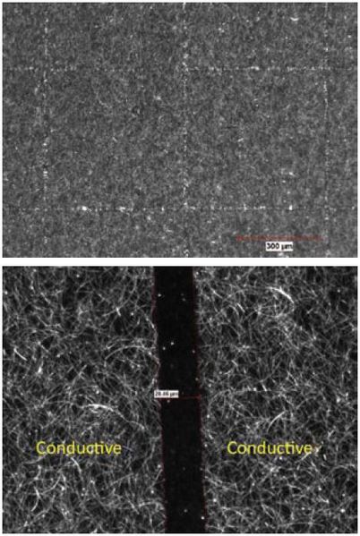 圖一 : 銀奈米線分佈零散，自然形成滲流網絡(上圖)；該塗層薄膜可經過化學蝕刻及雷射得到圖樣（下圖）