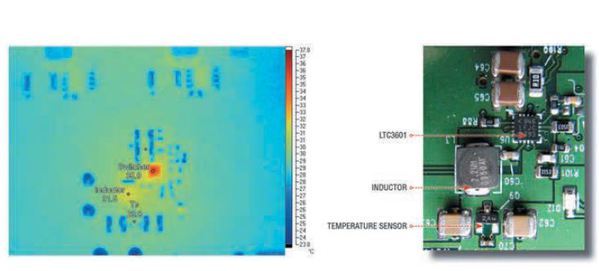 圖四 : 一款DC/DC轉換器的熱像顯示了實際電感器溫度和溫度監測點之間的差別