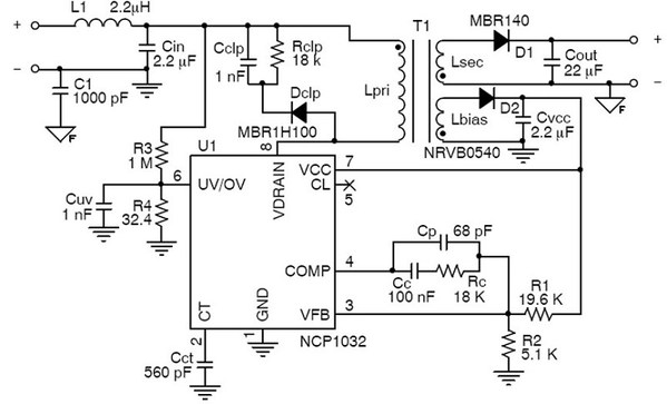 圖八 :  48 V到隔離式12 V/3 W偏壓電源電路