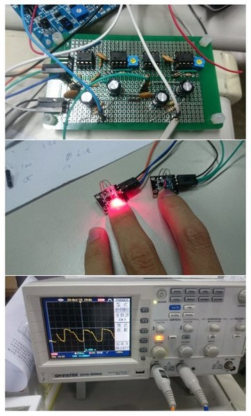 图8 : 实体图(上)自制放大器；(中)红外线元件；(下)心跳的示波图