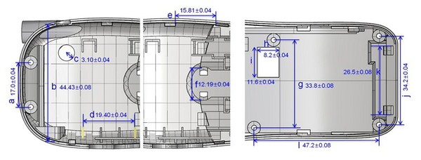 图3 : 手机模型分成三个部分(上图)，a~l为十二个规格及尺寸公差(下图)