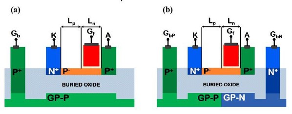 圖1 :  N型Z2-FET DGP結構的示意橫截面：（a）薄的tSi（b）厚的tSi。