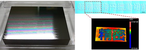 圖1 : 利用單結晶鑽石工具，在鏡面鋼材上進行超高精細加工（顯微鏡攝影，右邊的段差是1個微米）（資料來源:名古屋大學）