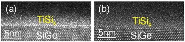 圖四 : 在SiGe上的超薄共沉積矽化鈦（TiSi）的橫截面TEM（（a）在450℃下N 2的1分鐘之前和（b）之後）。