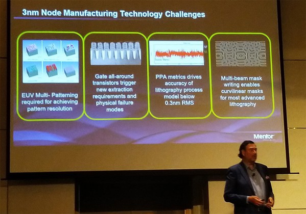 圖四 : 目前EDA工具商也正在準備3奈米製造的相關解決方案，圖為Mentor IC EDA執行副總裁Joseph Sawicki正講述相關的挑戰。（攝影／籃貫銘）