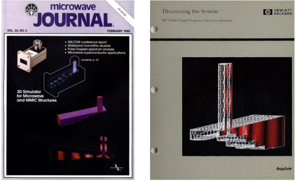 圖十 : 1990年，HFSS發布第一個版本，3D高頻結構全波模擬的時代開始了。這是在微波雜誌的廣告和惠普公司製作的HFSS產品說明，當年，在惠普高性能工作站上，即使運用對稱邊界條件，運算這樣一個同軸 ／ 波導轉換器也要用16個小時