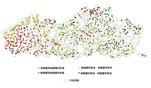 图一 : 法兰德斯环境署（VMM）架设了地表水监测网路MAP，以测量农业地区水道内的养分含量。图为MAP於2018-2019年冬季评测硝酸盐和磷酸盐的结果。目前大多数的水质读数来自人工采样的样本，并以离线方式或在实验室分析这些样本。（source：VMM）