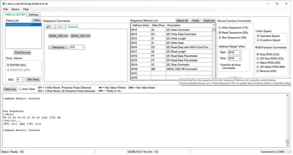 圖3 : DS28E18EVKIT# 評估軟體能讓開發人員透過 USB 配接器配置板載 DS28E18Q+T，並監測其行為。512 位元組的命令定序器記憶體可儲存資料，然後傳送到周邊裝置以便執行感測器作業。（source：Maxim Integrated）