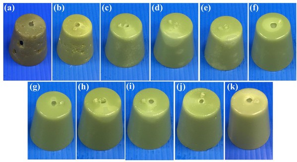 圖4 : 於不同冷卻液溫度條件下所製作的蠟型，冷卻液溫度為攝氏（a）20度,（b）21度,（c）22度,（d）23度,（e）24度,（f）25度,（g）26度,（h）27度,（i）28度,（j）29度及（k）30度