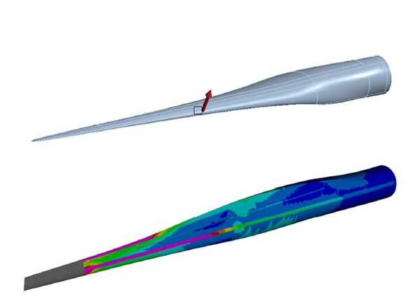 圖一 : 渦輪葉片的機械模型（頂部）和繪圖可視化。（source：Ansys）