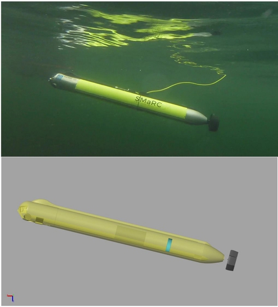 图1 : SAM AUV（上）和其3D图示（下）。SAM是由瑞典皇家理工学院的海洋机器人中心所设计。