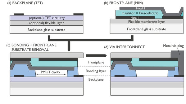 图二 : 压电式微机械超音波换能器（PMUT）制程的截面示意图：（a）选配薄膜电晶体（TFT）和／或弹性层的背板；（b）包含金属绝缘体金属（MIM）堆叠的前板；（c）把前板接合至背板，并移除前板；（d）金属穿孔导线，以建立前板与背板之间的电性连接。