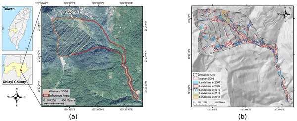 图七 : ：（a）阿里山D098影响区位置；（b）历年滑坡面积。（source：MDPI Journals）