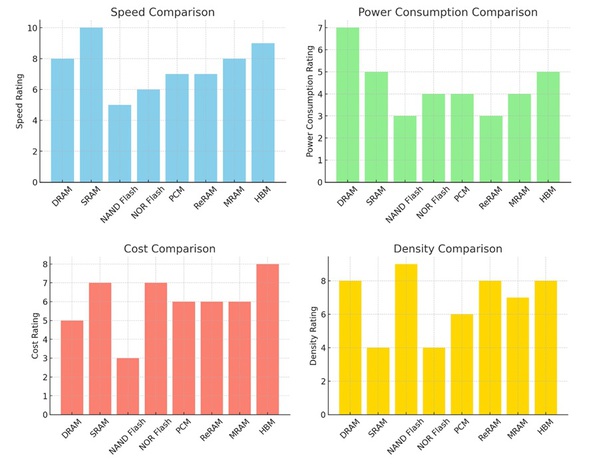 圖一 : 各類記憶體技術在速度、能耗、成本和密度方面的比較