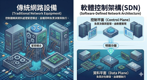 圖一 : 傳統網路架構與軟體控制架構的比較示意圖。