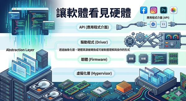 圖二 : 軟體控制硬體的關鍵,在於抽象化。透過抽象化層,硬體資源被轉換成可被軟體理解與操作的形式。