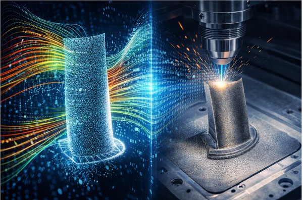 圖一 : 一具航空引擎葉片的製造:複雜的數位點雲模型與流體力學模擬數據(3D列印);金屬3D列印機噴嘴以雷射熔融金屬粉末,隨著資訊流引導逐層堆疊出實體零件。