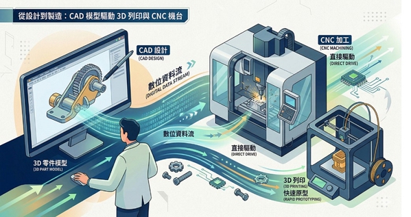 圖二 : 在機械設計領域,CAD模型可以驅動CNC機台或3D列印設備生成零件。