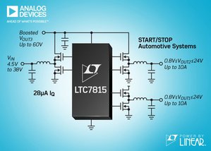 ADI推出三組輸出、降壓/降壓/升壓同步DC/DC控制器，可在汽車啟/停系統中以高達2.25MHz操作並具有28μAIQ。