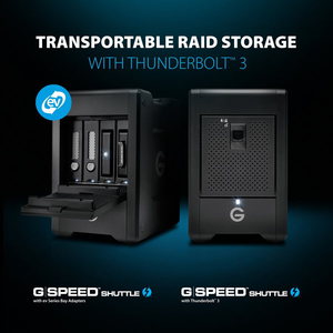 G-Technology G-SPEED Shuttle with Thunderbolt 3与G-SPEED Shuttle with ev Series Bay Adapter 4-Bay可移动式解决方案，在户外或摄影棚内，接可满足内容创作者对速度及容量的需求。