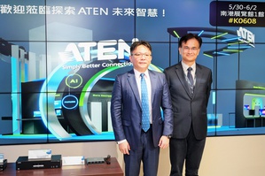 宏正自動科技今日召開ATEN COMPUTEX 2023展前媒體說明會，
資深副總經理林勇達(左)及財務長暨發言人田慶威(右)