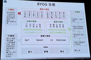 資策會提供BYOG 生態系服務，包括應用小模型、企業中模型和基礎大模型，因應不同產業的各樣資訊服務需求。（source：資策會;2023/11）