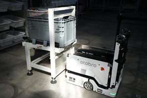 otobro HPC機器人與工作站協同作業,有效提升揀貨效率與準確度。圖二為otobro HPC機器人在垂直倉儲系統中靈活穿梭,展現其三維空間的行走與攀升能力。