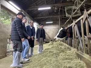 研華董事長劉克振(右二)與臺大生物資源暨農學院院長林裕彬(右一)，於臺大乳牛畜舍中交流智慧農業的落地應用。